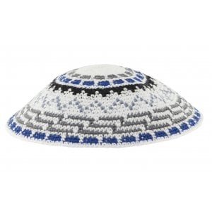 White DMC Knitted Kippah with Green-Gray, Blue and White Geometric Design