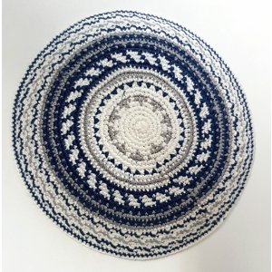 White DMC Knitted Kippah with Gray Design