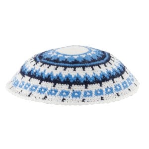 White DMC Knitted Kippah with Blue, Black and White Design