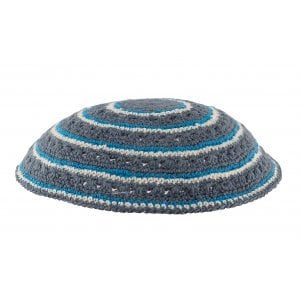 Gray DMC Knitted Kippah with Light Blue and White Circular Design