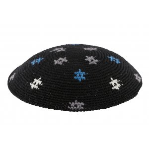 Black DMC Knitted Kippah with Blue, Gray and White Stars of David