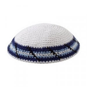 White Knitted Cotton Kippah with White, Blue and Black Border