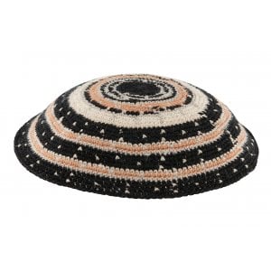 Black DMC Knitted Kippah with white and Beige circles and Dots Design