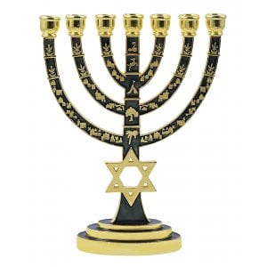 Gold 7-Branch Menorah, Green Enamel with Star of David & Judaic Symbols  9.5