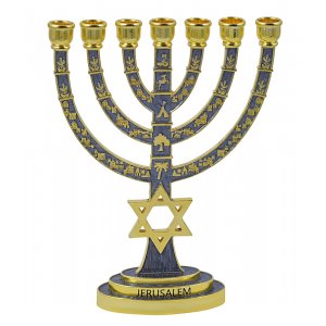 7-Branch Gold Menorah with Gray Enamel, Judaic Symbols & Star of David - 9.5