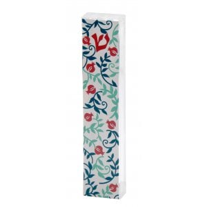 Dorit Judaica Lucite Mezuzah Case, Leafy Pomegranates - Red and Green