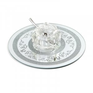 Crystal Honey Dish with Lid and Spoon on Circular Decorative Crushed Glass Tray