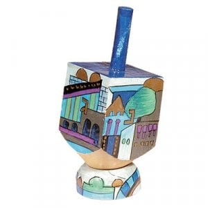 Yair Emanuel Hand Painted Wood Dreidel on Stand Blue Small - Jerusalem Images