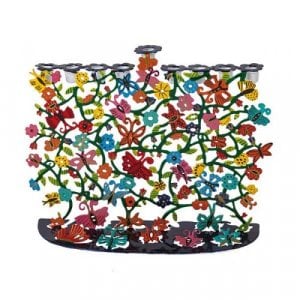 Yair Emanuel Hand Painted Colorful Hanukkah Menorah - Flowers and Butterflies