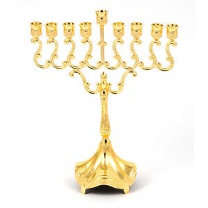 Gold Chanukah Menorah on Stem, Scroll Design - 8 Inches Height