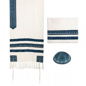 Yair Emanuel 3-Piece Tallit Set with Embroidered Decorative Stripes - Blue