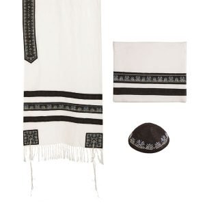 Yair Emanuel 3-Piece Tallit Set with Embroidered Decorative Stripes - Black