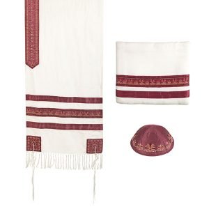 Yair Emanuel 3-Piece Tallit Set, Embroidered Decorative Stripes - Maroon