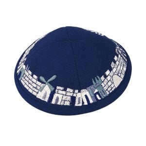 Blue Cloth Kippah with Attached Clip and Embroidered Jerusalem Design