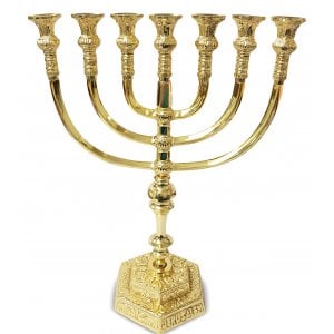 Medium Size Seven Branch Brass Menorah, Two Tone Gold and Silver - 13.5"