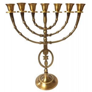 7 Branch Menorah Fish, Star of David Menorah - Antique Gold Brass 12"