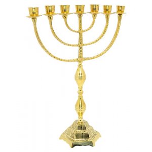 7 Branch Menorah in Gleaming Gold Brass, Decorative Design - 16"