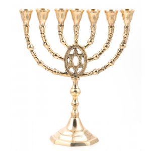 Seven Branch Menorah of Gold Colored Brass with Framed Star of David – 10"