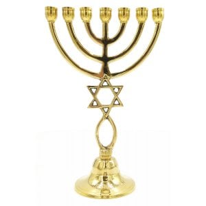 Gleaming Gold Brass 7 Branch Menorah with Grafted In Symbol - 9"