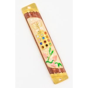 Rounded Mezuzah Case with Breastplate and Menorah Design - Off White & Burgundy