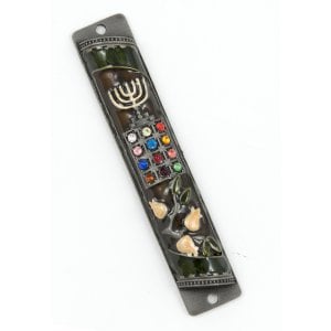 Rounded Mezuzah Case with Hoshen Breastplate and Menorah Design - Brown