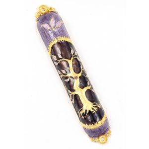 Rounded Mezuzah Case with Gleaming Tree of Life - Purple and Gold