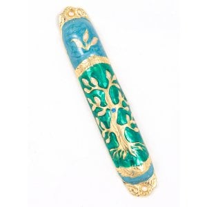 Rounded Mezuzah Case with Tree of Life Design - Green Blue