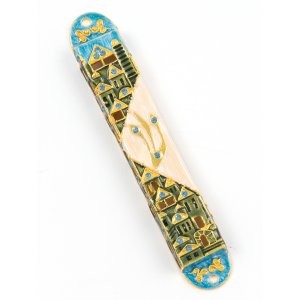 Rounded Mezuzah Case with Gleaming Jerusalem Images - Green, Blue and Cream