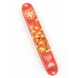 Rounded Mezuzah Case with Jerusalem, Menorah and Star of David - Gold and Red