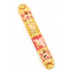 Rounded Mezuzah Case with Dove of Peace and Flowers - Pink, Red and Gold