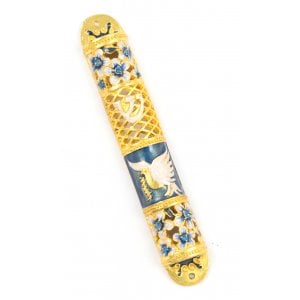 Rounded Mezuzah Case with Gleaming Peace Dove and Flowers - Gold and Turquoise