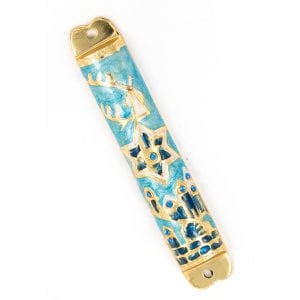 Rounded Mezuzah Case with Star of David and Jerusalem Design - Gold and Blue