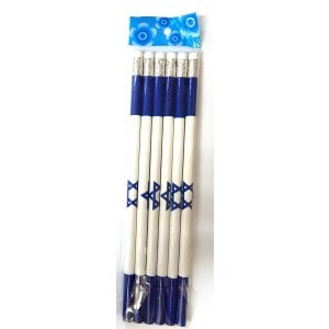 Set of Six Souvenir Wood Pencils, Blue and White Decorated with Star of David