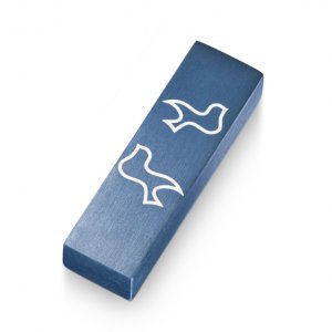 Adi Sidler Brushed Aluminum Car Mezuzah, Peace Doves - Blue