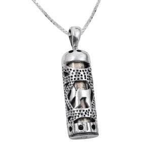 Mezuzah Necklace Pendant in Sterling Silver with Cut Out Chai