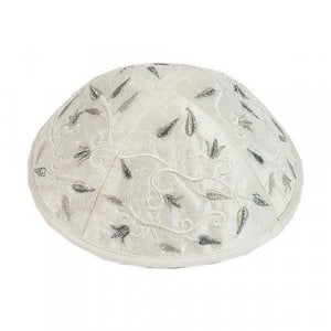Elegant White Kippah with Silver Embroidered Flowers - Emanuel