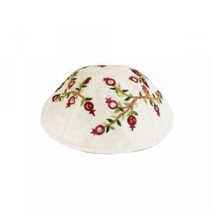 Yair Emanuel Embroidered Kippah, Dark Red Pomegranate on White