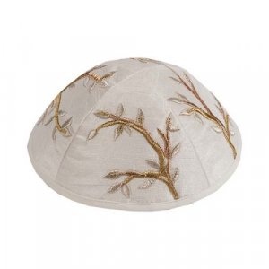 Yair Emanuel Embroidered Kippah, Tree of Life Design - Gold and Silver on Cream