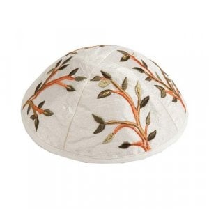 Yair Emanuel Embroidered Kippah, Tree of Life - Gold and Green Shades on White