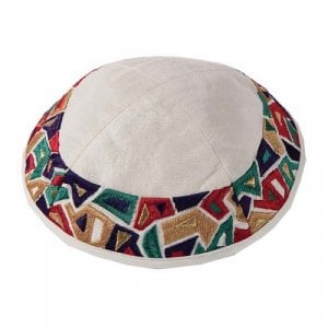 Yair Emanuel Embroidered Kippah, Multicolor Geometric Shapes on Cream