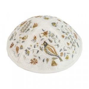 Yair Emanuel Kippah, Embroidered Birds and Flowers - Gold and Silver