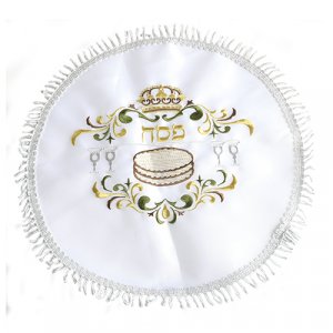 White Satin Passover Matzah Cover with Embroidered Gold Pesach Design