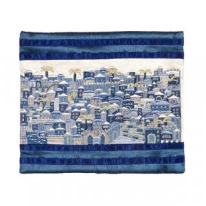 Yair Emanuel Embroidered Tallit Bag, Tefillin Bag Panoramic Jerusalem - Blue