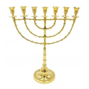 Extra Large Seven Branch Menorah on Stem, Gleaming Gold Colored Brass - 18