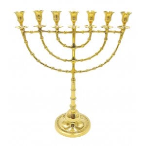 Extra Large Seven Branch Menorah on Stem, Gleaming Gold Colored Brass - 18