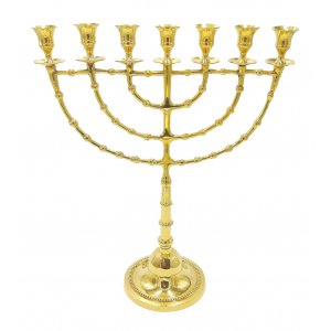 Extra Large Seven Branch Menorah on Stem, Gleaming Gold Colored Brass - 18“