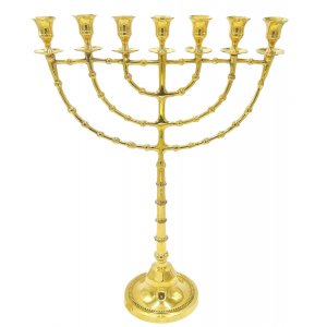 Extra Large Seven Branch Menorah, Beaded Decorations on Gold Brass – 22 Inches