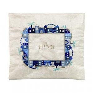 Yair Emanuel Embroidered Tallit & Tefillin Bag - Jerusalem Frame on Off White