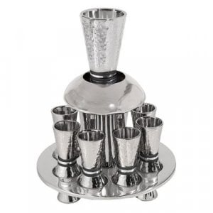 Yair Emanuel Hammered Nickel Kiddush Fountain Set 8 Cups - Silver and Gray Rings