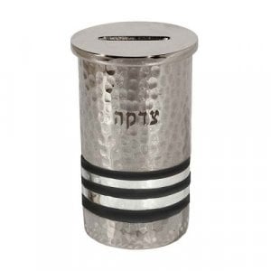 Yair Emanuel Silver Hammered Nickel Round Charity Box - Black and Silver Rings